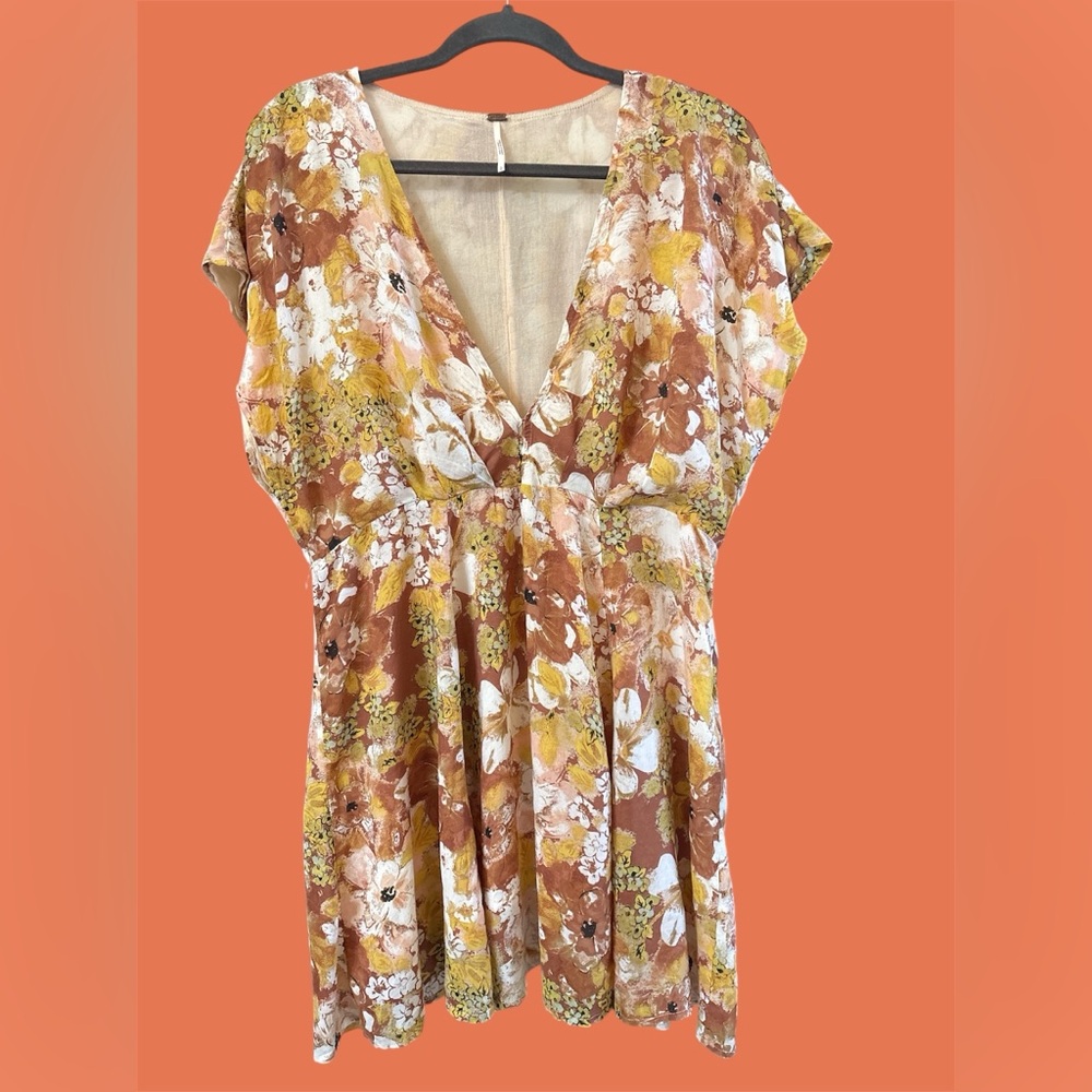 Free People Floral Boho V Neck Short Sleeve Mini Dress Lined Sz Large NO BELT